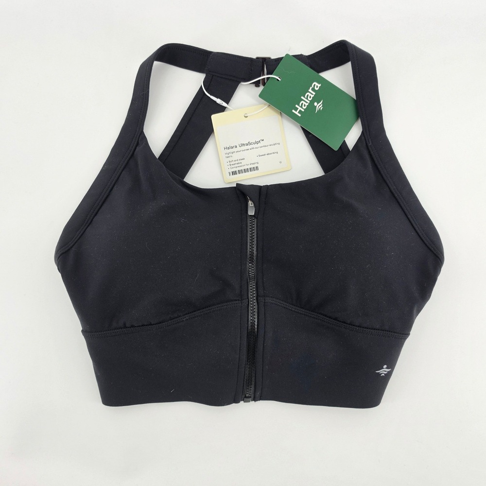 Halara UltraSculpt Sports Bra XS Black Front Zip Twisted Back Activewear NWT